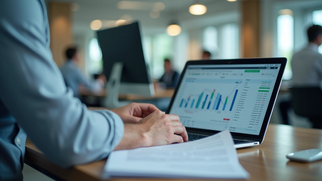Žmogus dirba prie laptopo, analizuoja verslo finansinius ataskaitą ir pelno duomenis