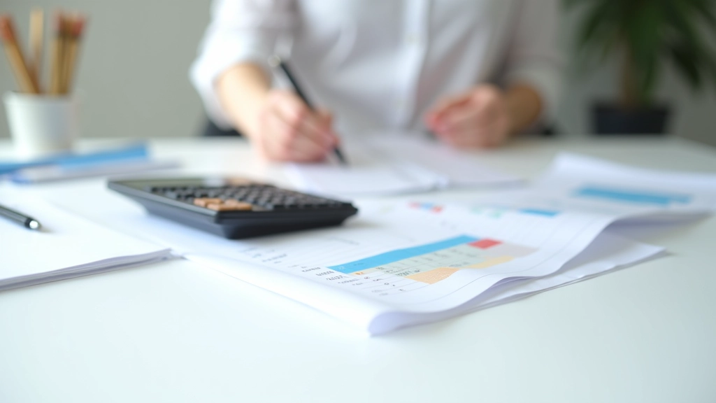 Skaičiuoklė ir finansinis sąrašas lentelėje, ant švaraus darbastalio su reguliuojama šviesa
