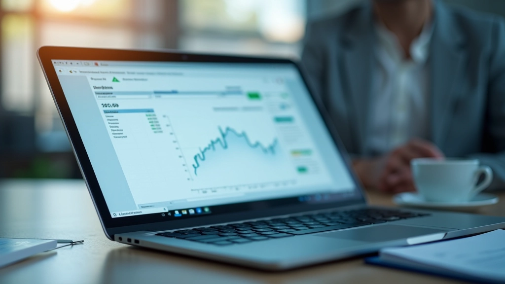 Nešiojamasis kompiuteris su finansinėmis lentelėmis ir banko išrašo duomenimis ekrane